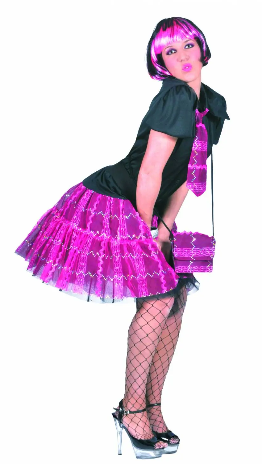 Feestkleding: Pruik Bobline Roze/zwart 3 Feestkleding: Pruik Bobline Roze/zwart