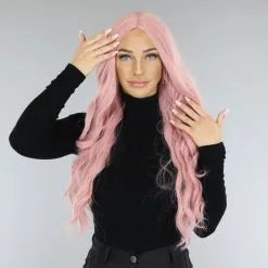 Lange Lichtroze Golvende Pruik