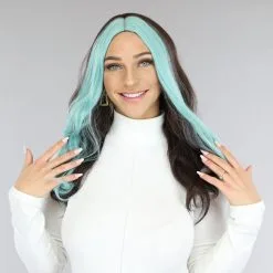 Lange Pruik Met Turquoise Face Framing En Krullen