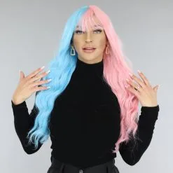 Roze/Blauwe Split Dye Pruik Met Rechte Pony