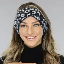 Zwart/Witte Wollen Panterprint Haarband