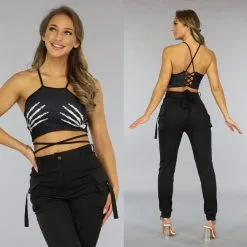 Zwarte Crop Top Skelet Met Strikdetail