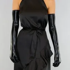Zwarte Lange Wetlook Avondhandschoenen